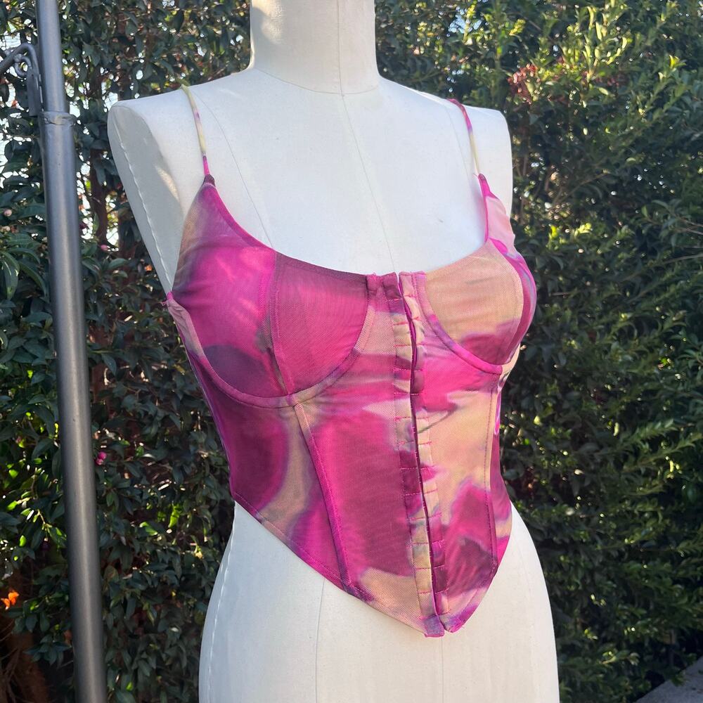 Blanc Clothing Mesh Corset Cami Top Medium Pink Abstract Print Bustier Y2K
